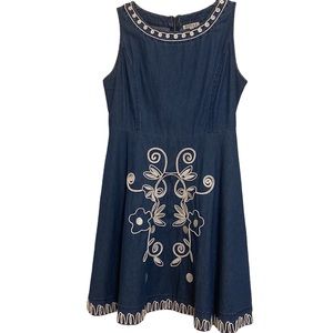 Denim Embroidered A-line Sleeveless Dress